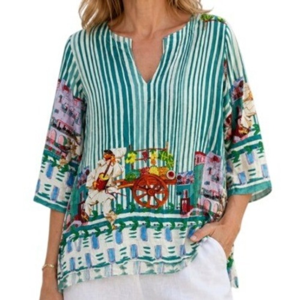 Antica Sartoria Sicilian Wheels‎ Tunic Blouse Womens M Green Striped Resortwear